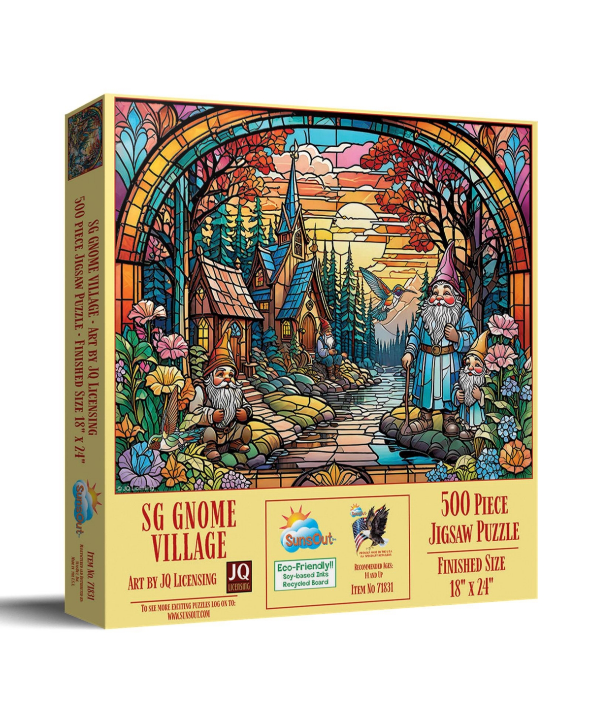 SunsOut Stained Glass Gnome Village 500-Piece Jigsaw Puzzle, Ages 15+