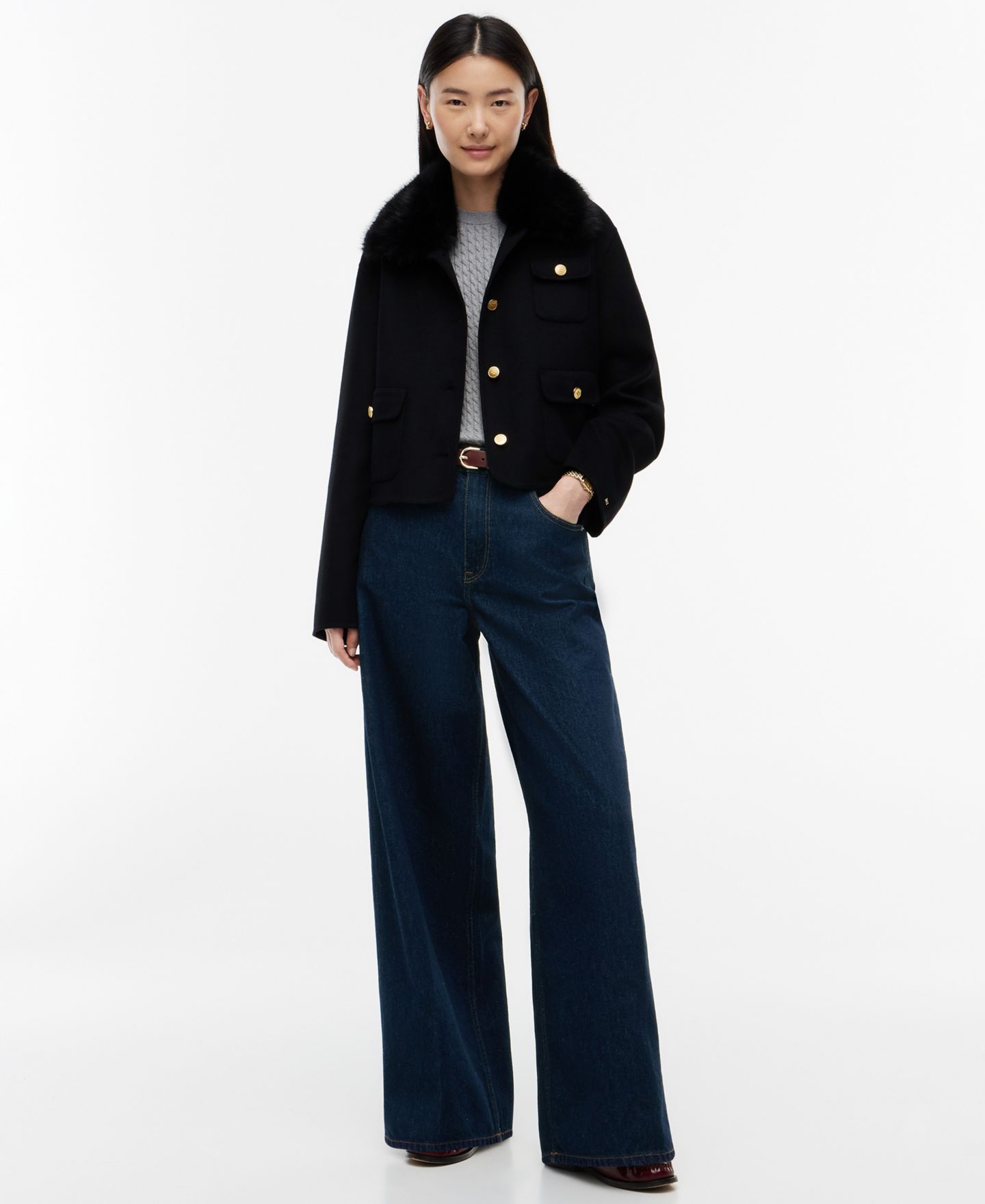Женская куртка Tommy Hilfiger Wool-Blend Cropped with Faux Fur, цвет: Чёрный — фото 2