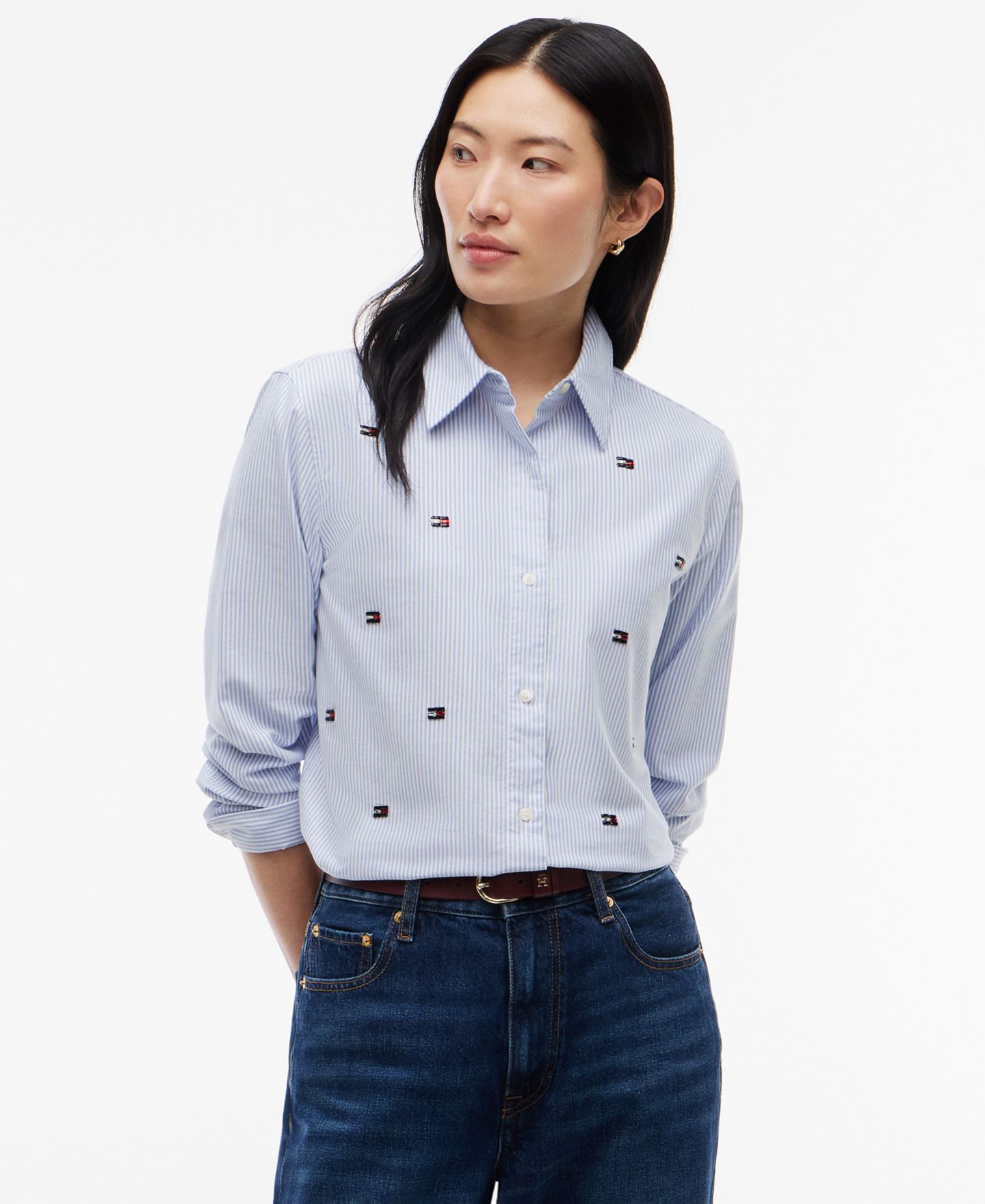 Женская рубашка Tommy Hilfiger Oxford Striped Embroidered Long-Sleeve, цвет: Синий — фото 3
