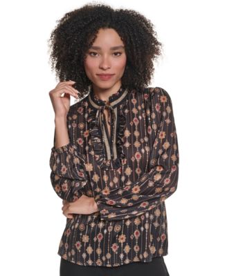 Women's Long-Sleeve Tie-Front Geometric-Print Blouse