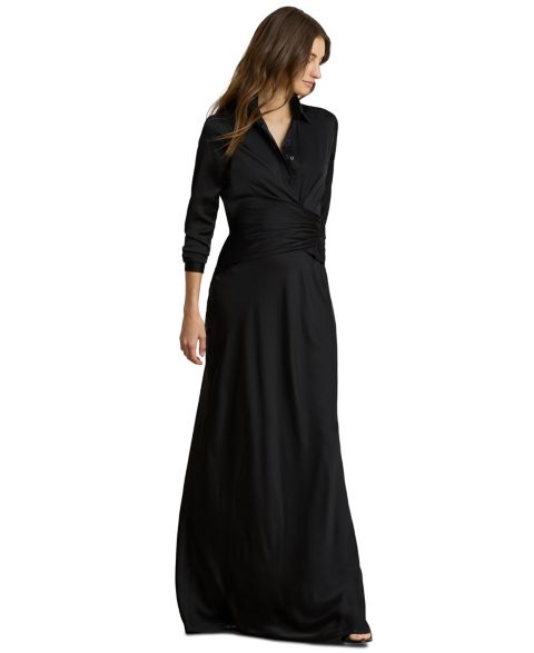 Женское платье Lauren Ralph Lauren Pleated Button-Up Charmeuse Gown, цвет: Чёрный
