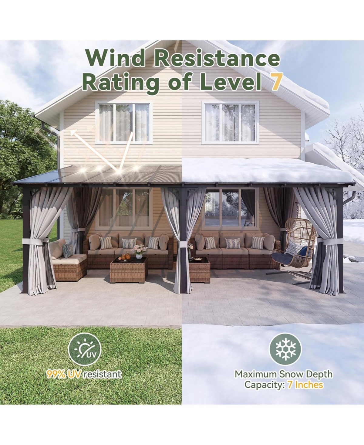 Aoxun 20'x10' Wall Mounted Lean to Gazebo, Aluminum Pergola with Polycarbonate Roof, Curtains and Net