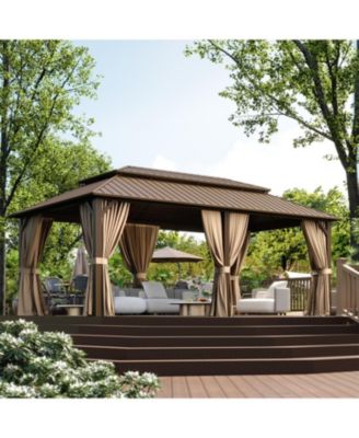 Hardtop Gazebo with Double Galvanized Steel Roof, Metal Pavilion with Netting and Privacy Curtain for Backyard