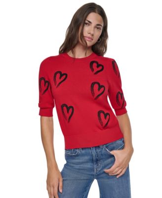 Women's Mini Hearts Crewneck Elbow-Sleeve Sweater