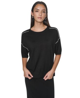 Women's Short-Sleeve Pointelle-Mesh Contrast-Trim Sweater