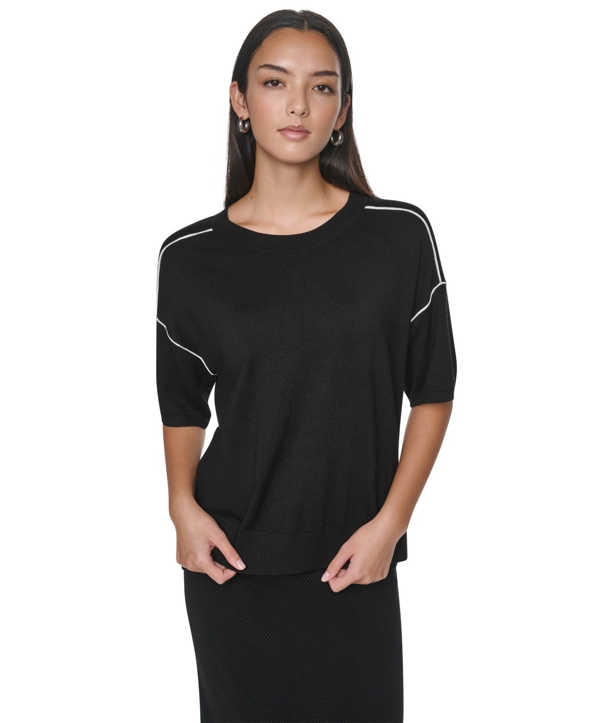 Dkny Women's Short-Sleeve Pointelle-Mesh Contrast-Trim Sweater - Black/Ivory