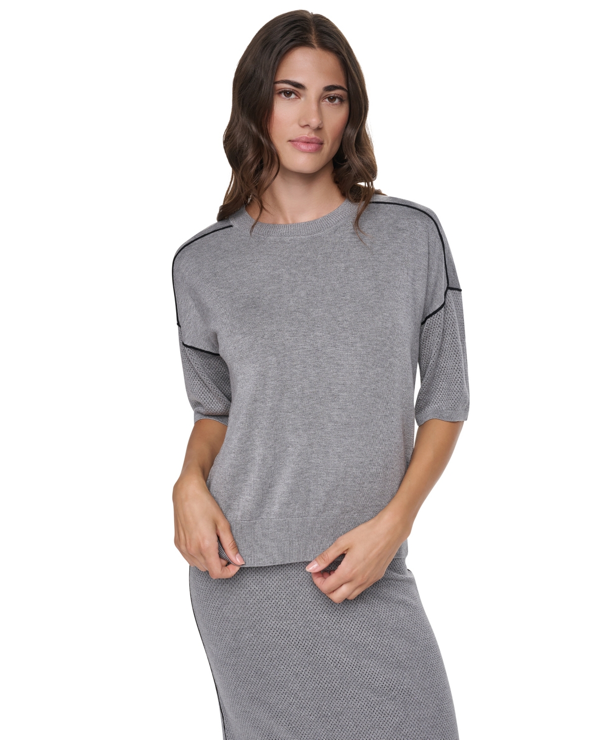Dkny Women's Short-Sleeve Pointelle-Mesh Contrast-Trim Sweater - Feather Heather