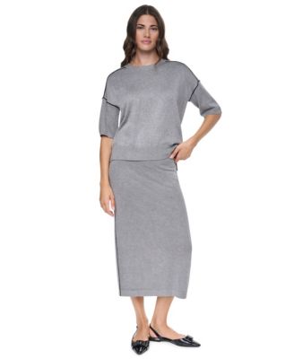 Women's Short-Sleeve Pointelle-Mesh Contrast-Trim Sweater & Pointelle Mesh A-Line Pull-On Skirt