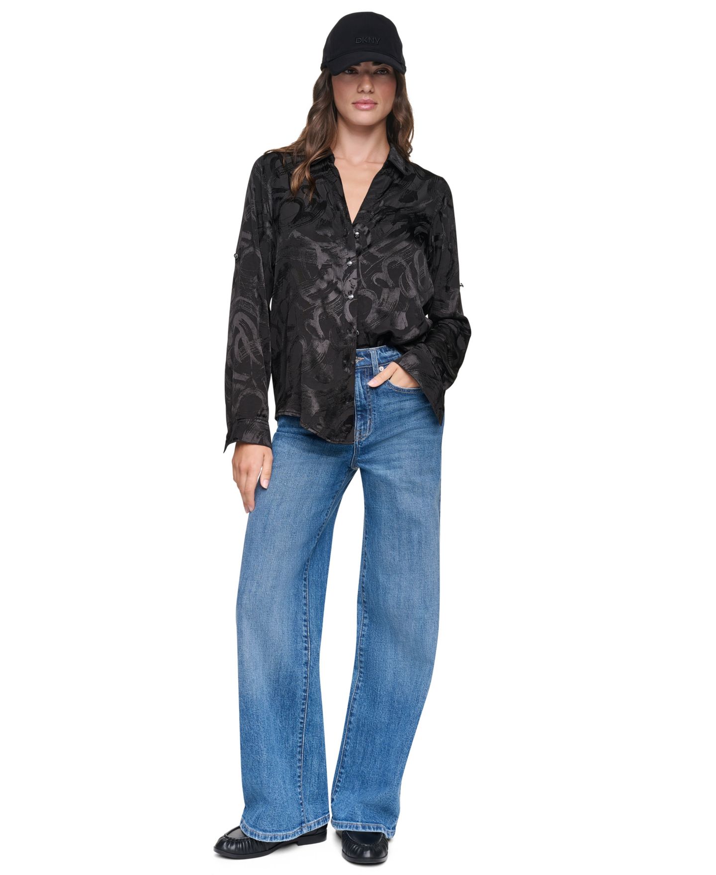 Женская блузка DKNY Roll-Tab Jacquard Blouse, цвет: Чёрный — фото 6