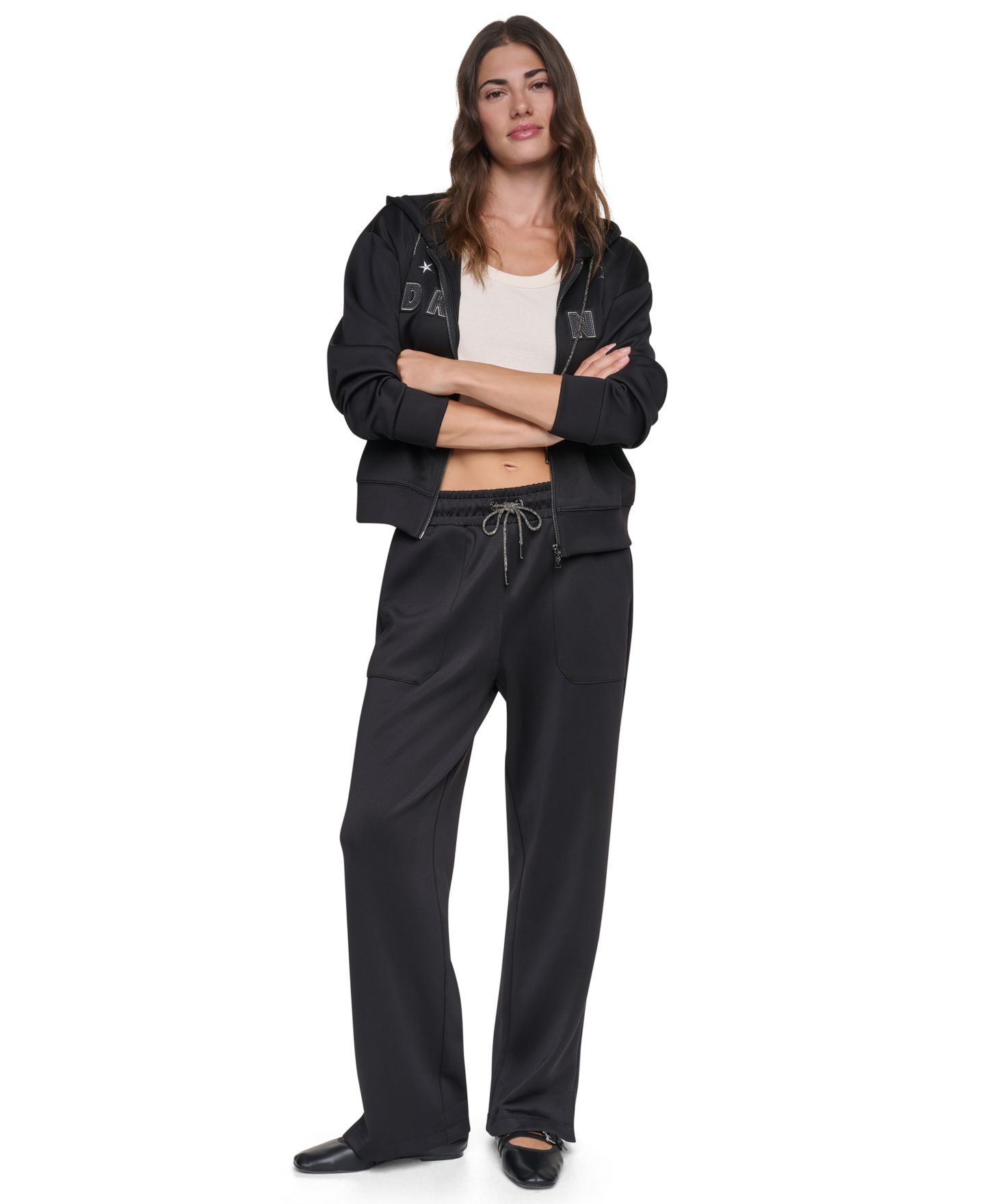 Женские широкие трикотажные брюки DKNY Pins & Patches на шнурке, цвет: Чёрный — фото 2