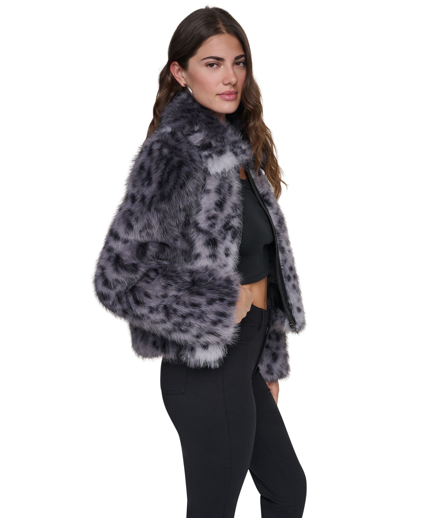 Женская куртка DKNY из искусственного меха с животным принтом, цвет: Серый / Чёрный — фото 3