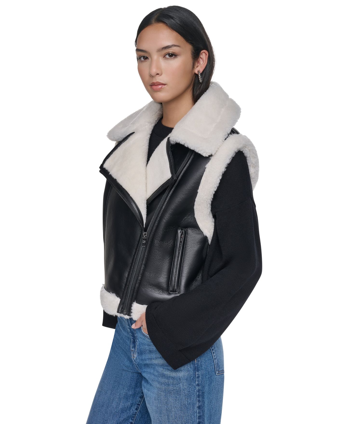 Женский жилет DKNY Moto Faux Shearling Trim, цвет: Чёрный / Слоновая кость — фото 3