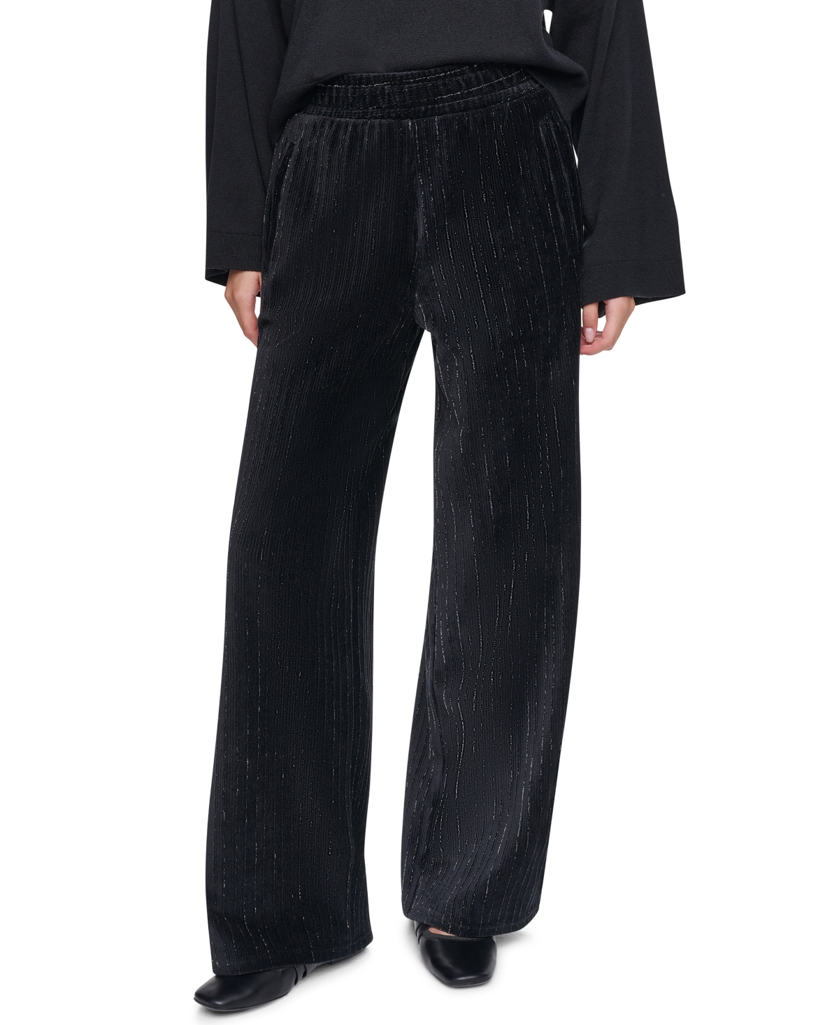 DKNY Women's Metallic Velvet Pull On Sweater Pants in Black Size Large