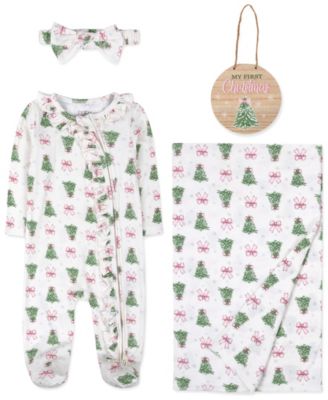 Boys' and Girls' Holiday Long-Sleeve Footie, Blanket, Headband, and Milestone Sign, 4-Piece Set