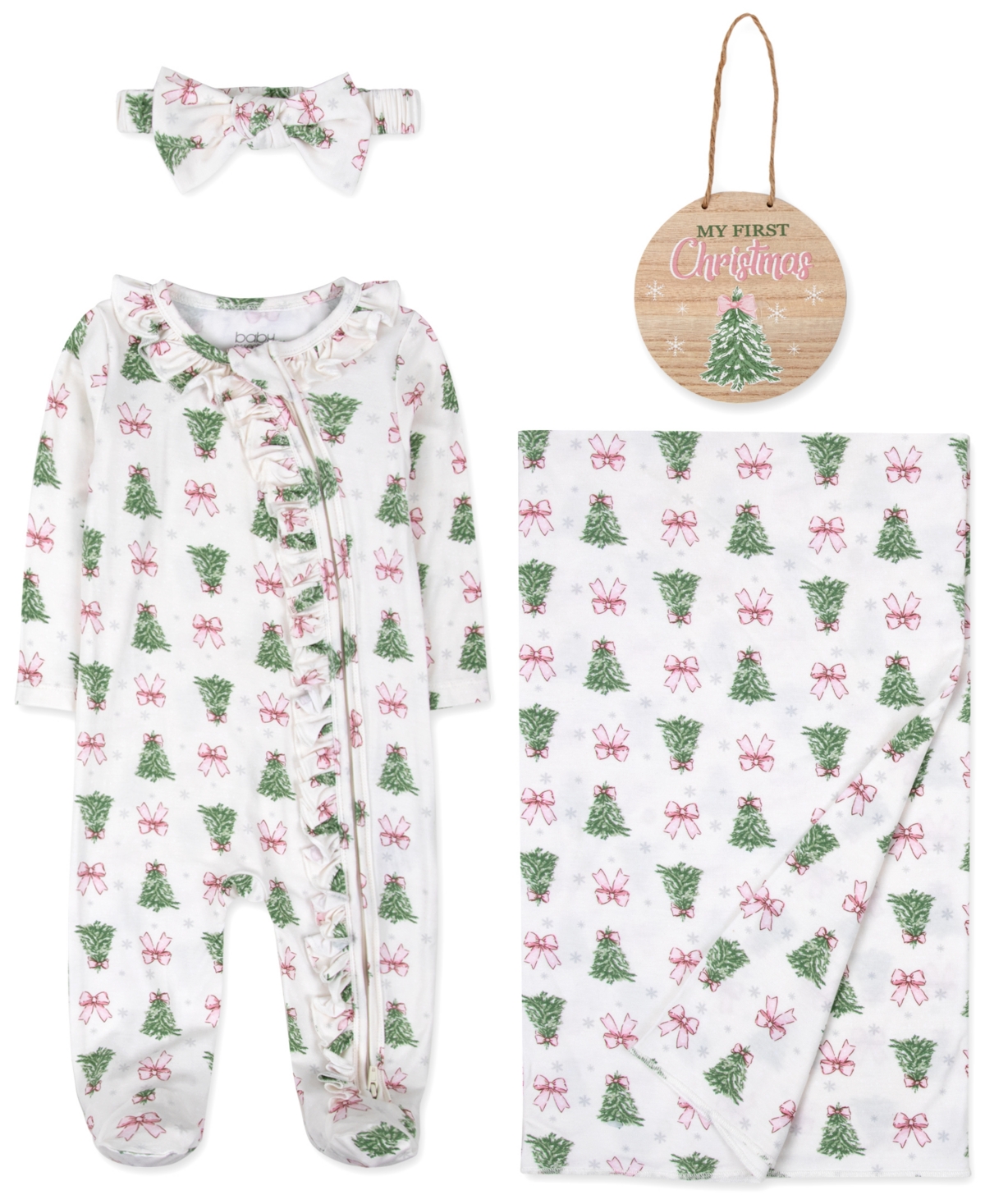 Baby Essentials Boys' and Girls' Holiday Long-Sleeve Footie, Blanket, Headband, Milestone Sign, 4-Piece Set