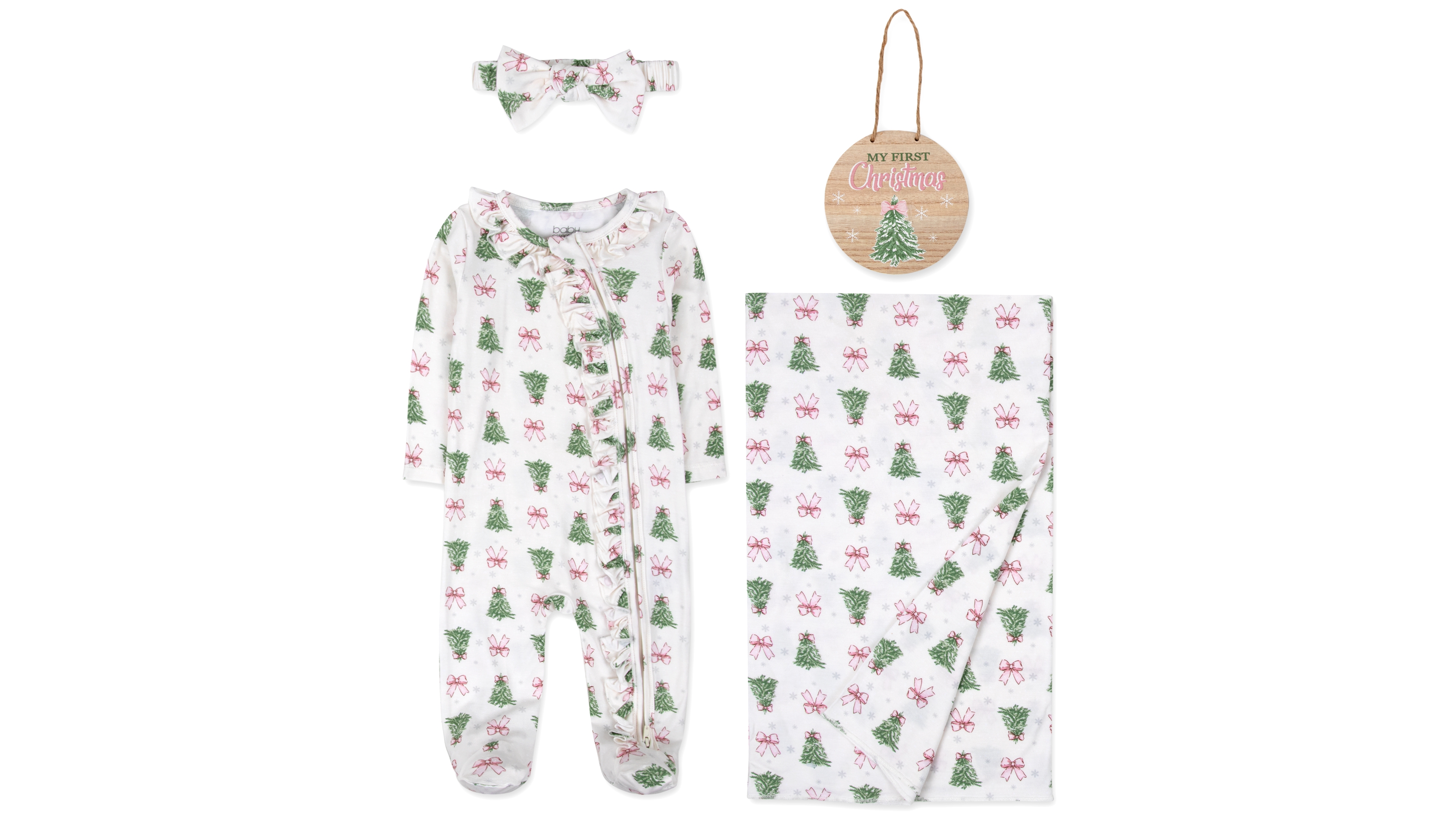 Baby Essentials Boys' and Girls' Holiday Long-Sleeve Footie, Blanket, Headband, Milestone Sign, 4-Piece Set