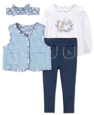 Baby Girls' Dog Graphic Floral-Print Long-Sleeve Top, Quilted Vest, Pants, and Bow Headband, 4-Piece Set