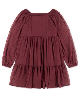 Girls' 5-16 Long-Sleeve Square-Neckline Tiered Babydoll Mini Dress