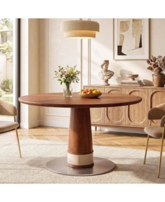 47.42" Round Solid Wood Dining Table with Stainless Steel Base, Walnut