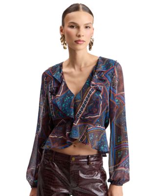 Women's Long-Sleeve V-Neck Ruffle Blouse
