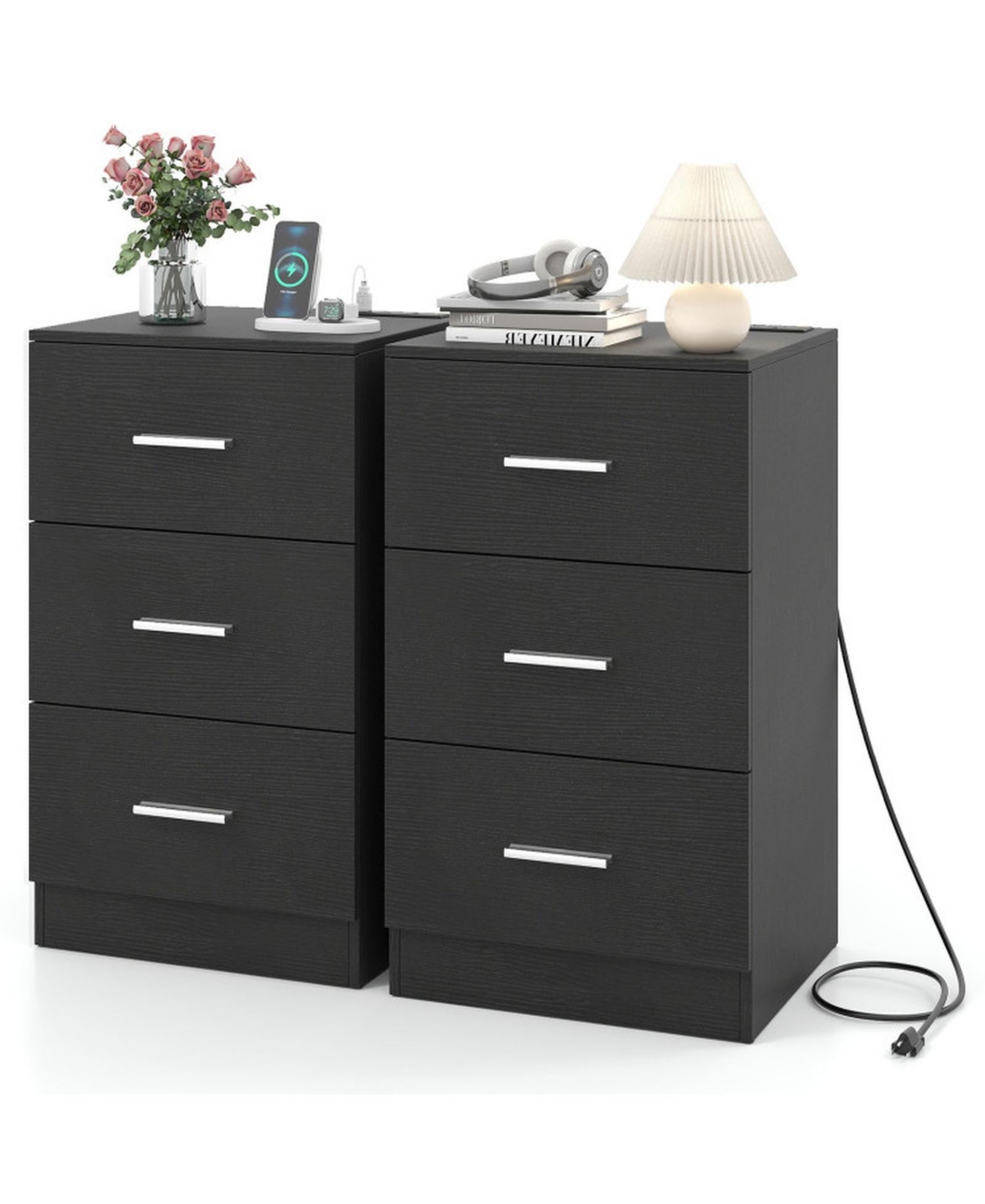 Gouun Nightstand Set of 2 with Charging Station and 3 Storage Drawers Each