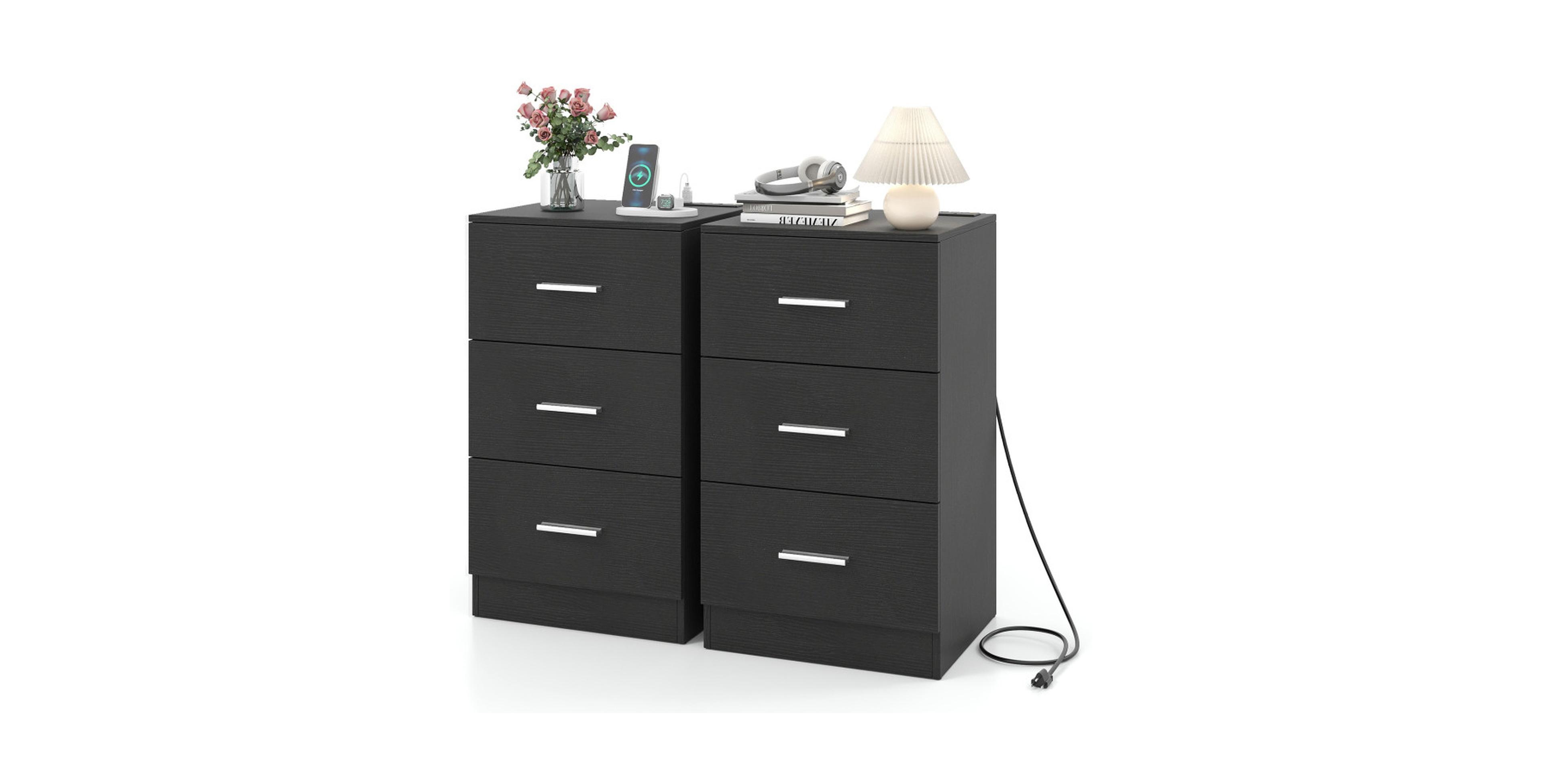 Gouun Nightstand Set of 2 with Charging Station and 3 Storage Drawers Each