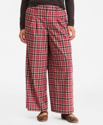 Women's High Rise Plaid Embellished Pleated Wide Leg Pants