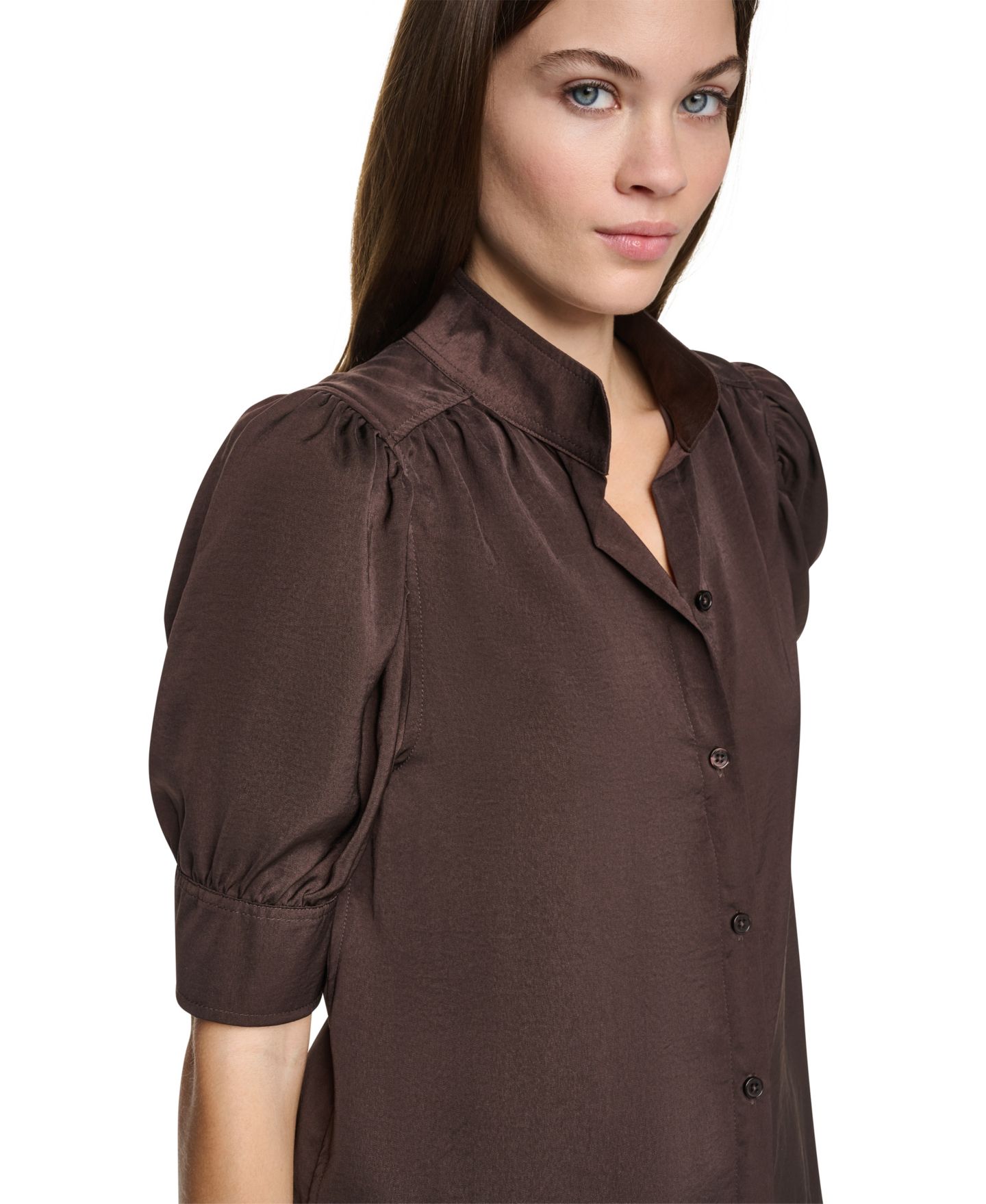 Женская рубашка DKNY Jeans Petite Satin Puff-Sleeve Button-Front, цвет: Тёмно-коричневый — фото 3