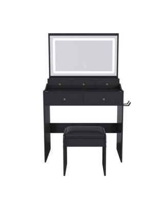 Large Mirror Vanity Desk with 5 Drawers, LED Lights, Outlet And Hair Holder