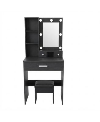 Vanity Table with Mirror, Adjustable LED Lights, Power Outlet and Stool