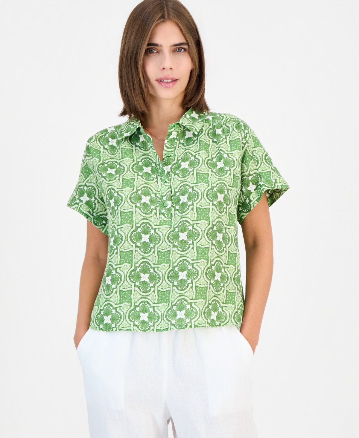 Charter Club Women's Cap-Sleeve 100% Linen Popover Top, Macy's Exclusive