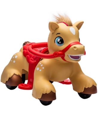 12V Kids Electric Ride-On Horse with Sounds, Carrot Toy, Comb, Foot Pedal, Seat Storage, and Battery Power for Ages 1.5-3, Brown