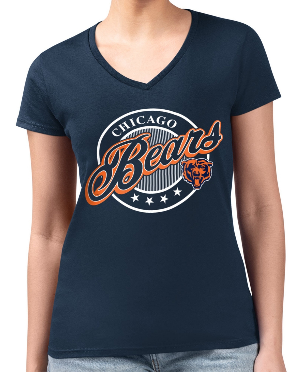 Women's G-iii 4Her by Carl Banks Navy Chicago Bears Super-Slim Fit Lightweight Pinstripe Circle V-Neck T-Shirt
