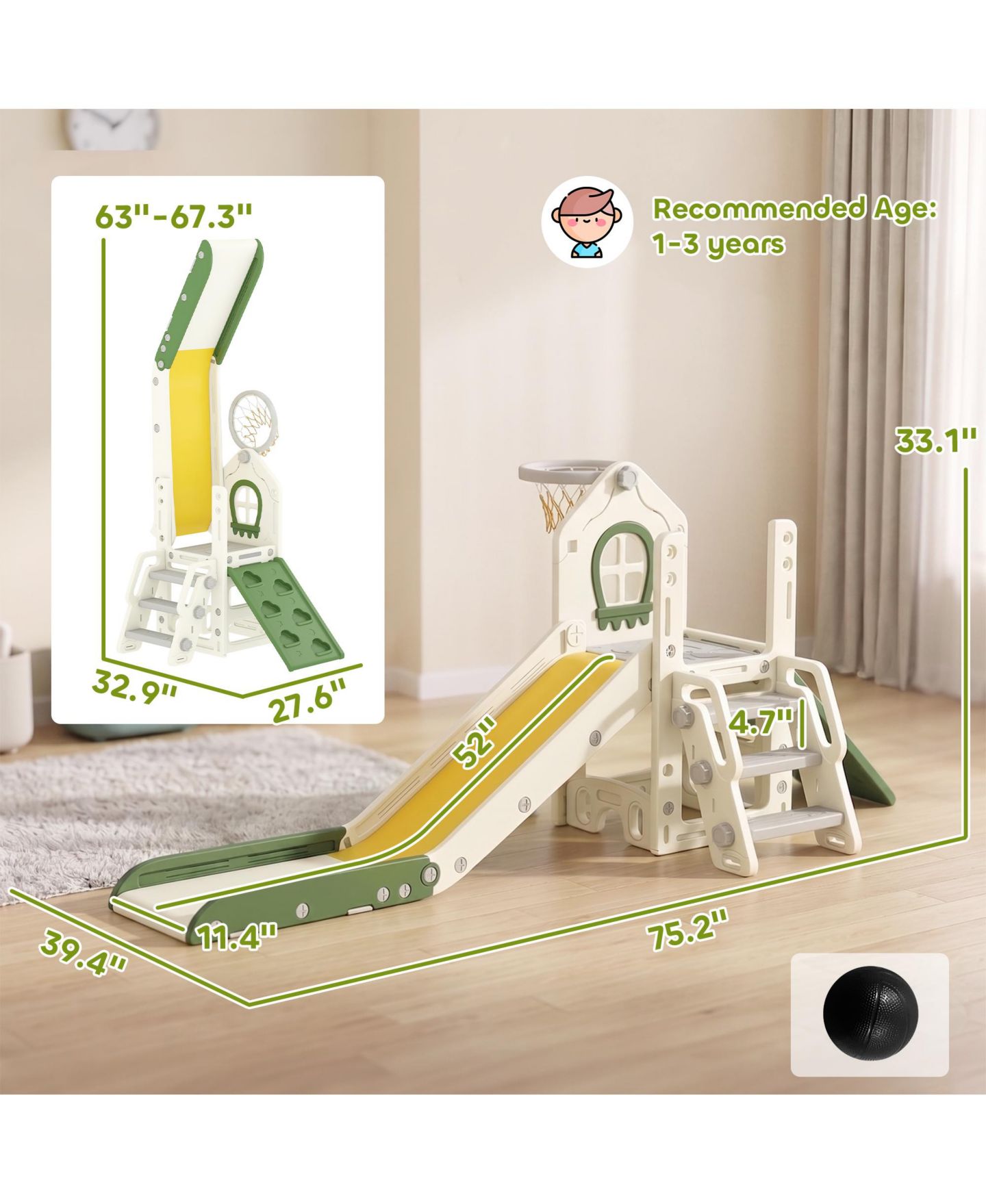 Детский игровой набор Glintex Foldable 5-in-1 Toddler Slide Indoor Playset, Ages 1-3, цвет: Кремовый белый — фото 4