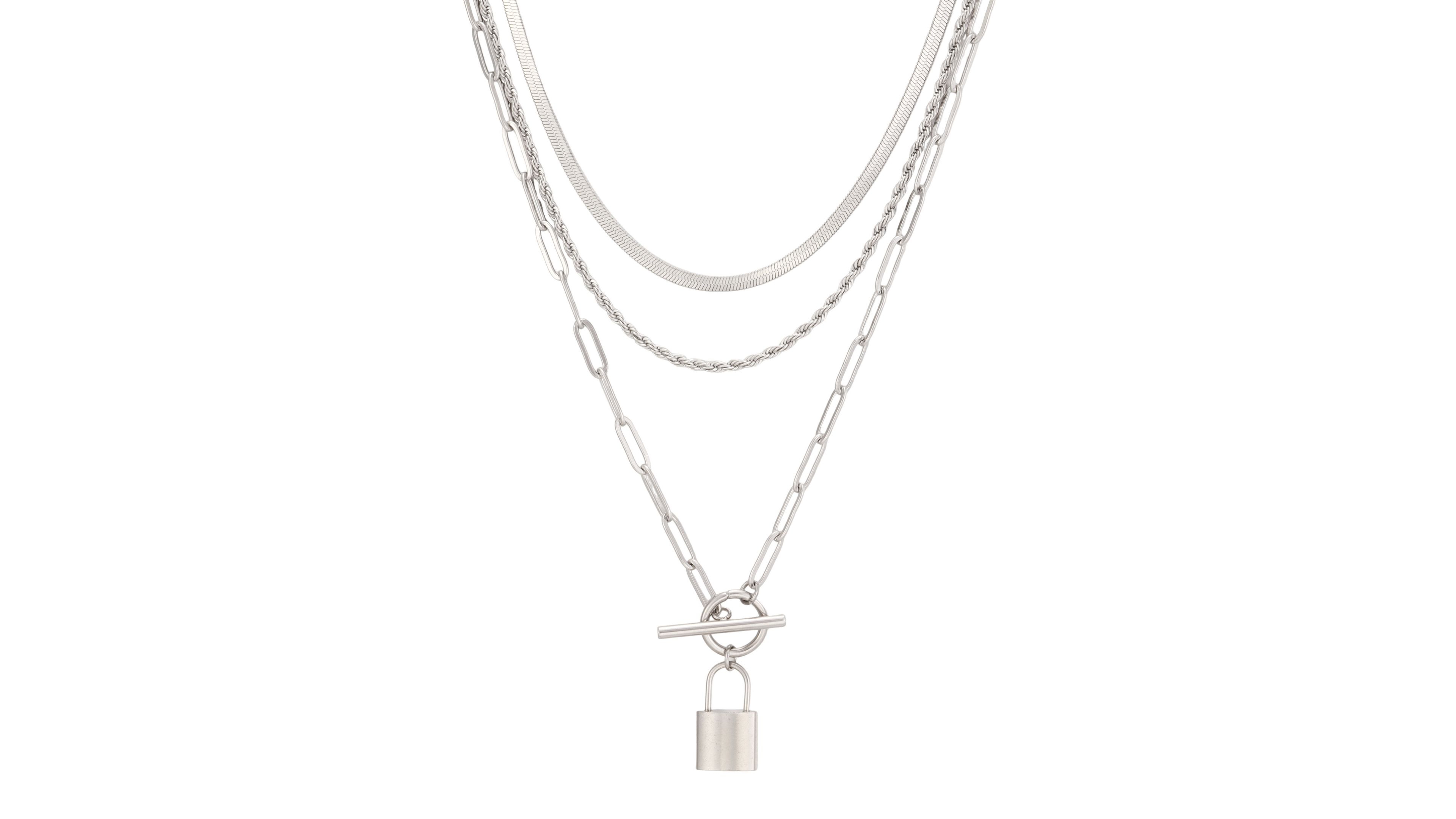 Adornia Silver-Plated Stainless Steel Padlock Multi-Strand Necklace