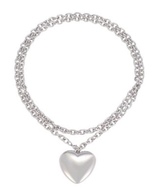 Silver-Tone Puffy Heart Long Pendant Necklace