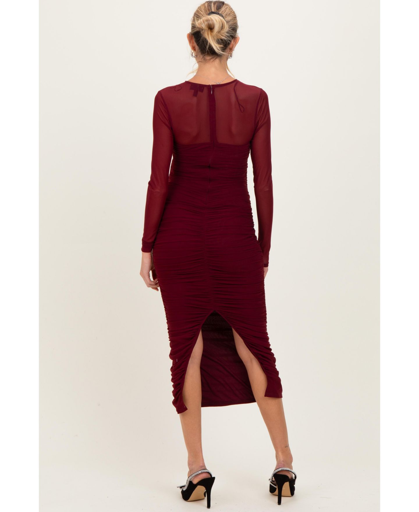 Женское сетчатое платье миди Pinkblush со сборками и длинным рукавом, Burgundy, цвет: Бордовый — фото 4