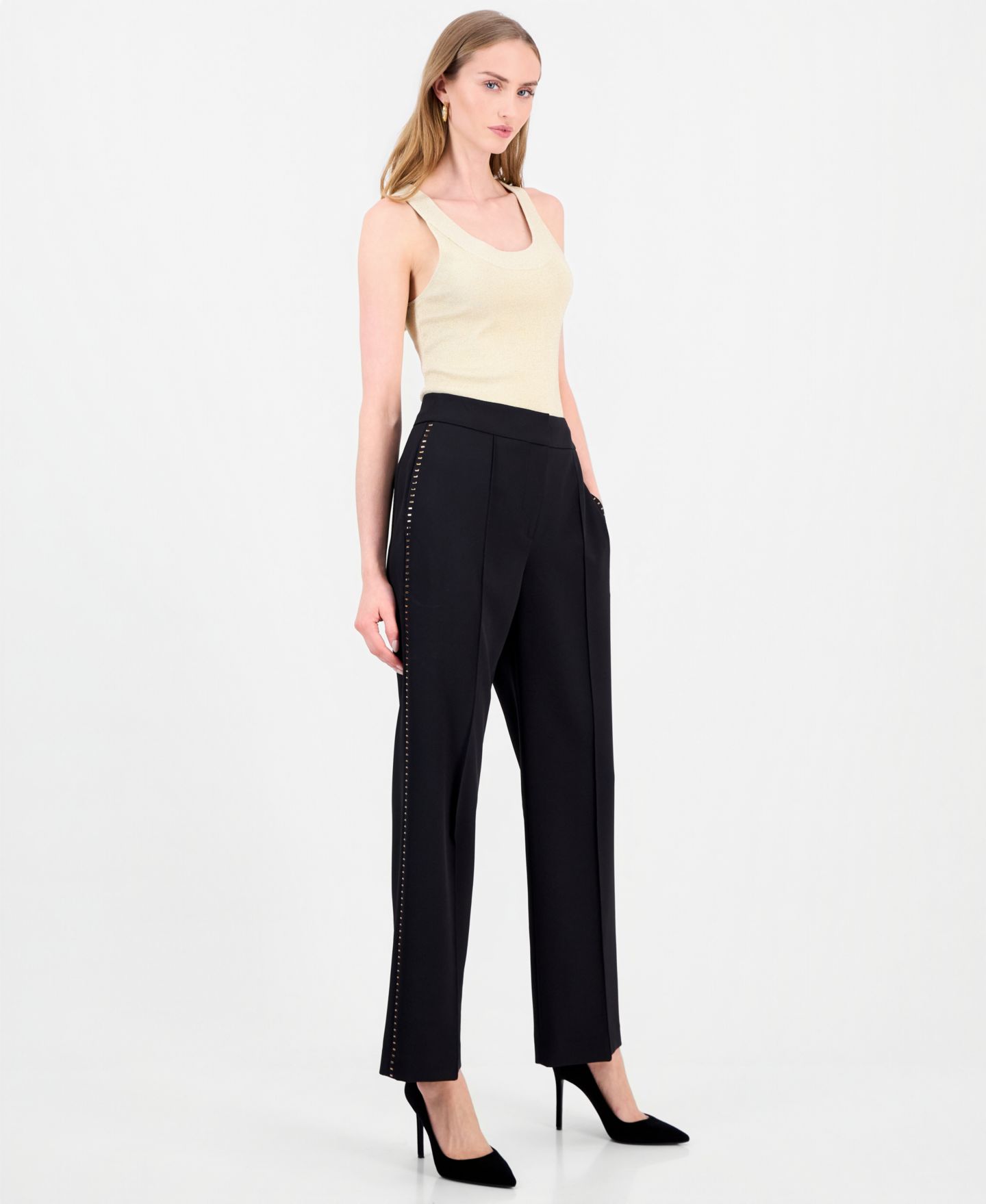 Женские брюки Elie Tahari Margaret Wide-Leg High-Waisted Rhinestone Side Stripe, цвет: Чёрный — фото 3