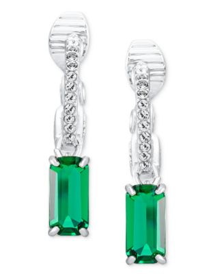 Silver-Tone Emerald Hoop Drop Clip Earrings