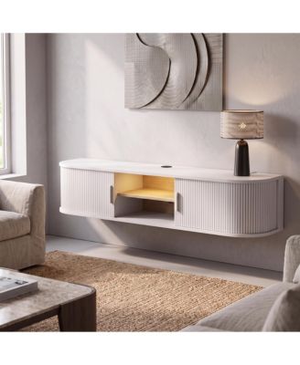 70" Floating TV Stand for TVs Up to 80", Fluted Entertainment Center , Mid-Century Modern TV Console Sliding Door for Living Room