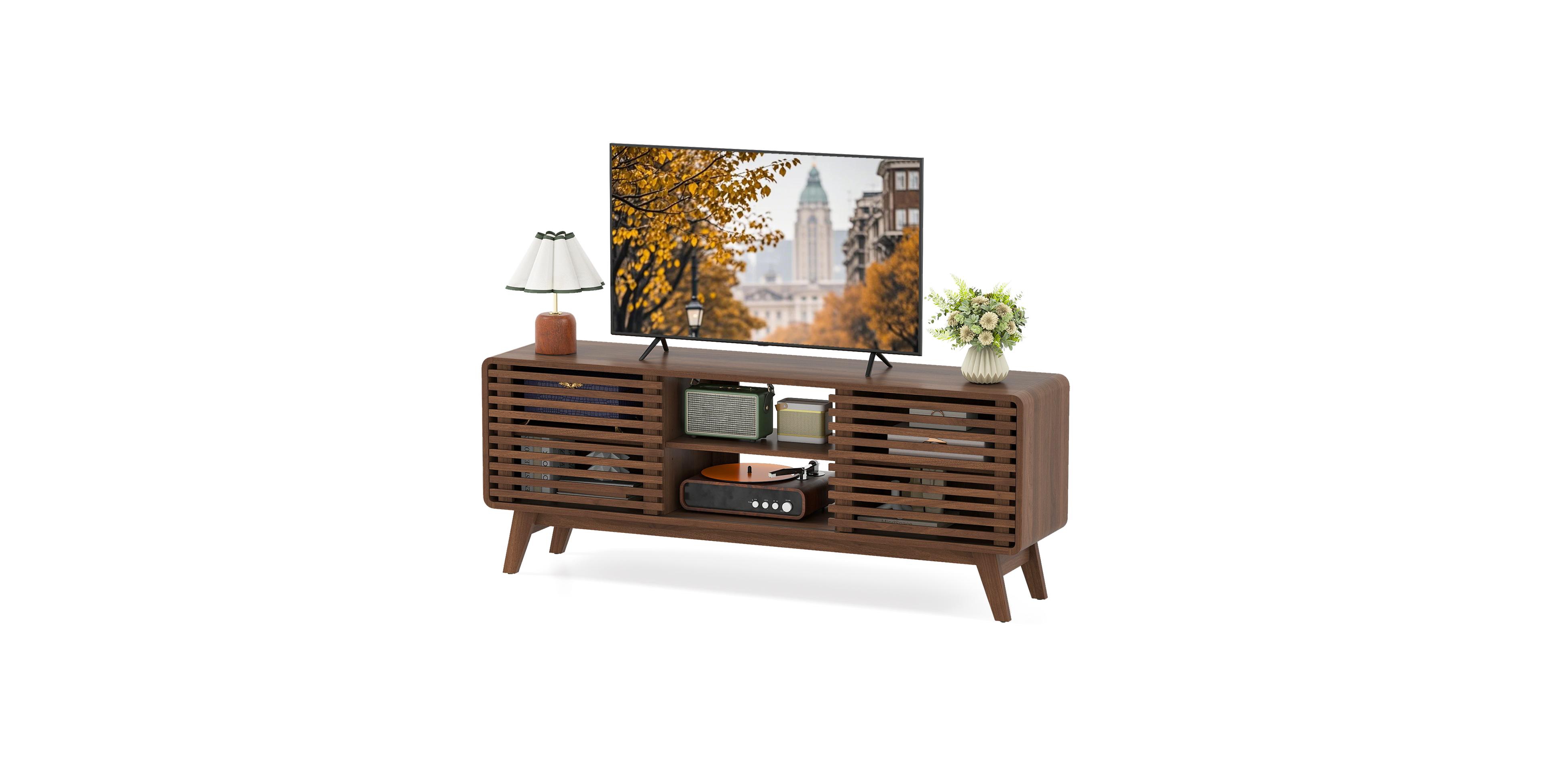 Mecale Tv Stand for TVs up to 65" with Sliding Doors and Adjustable Shelves for Living Room