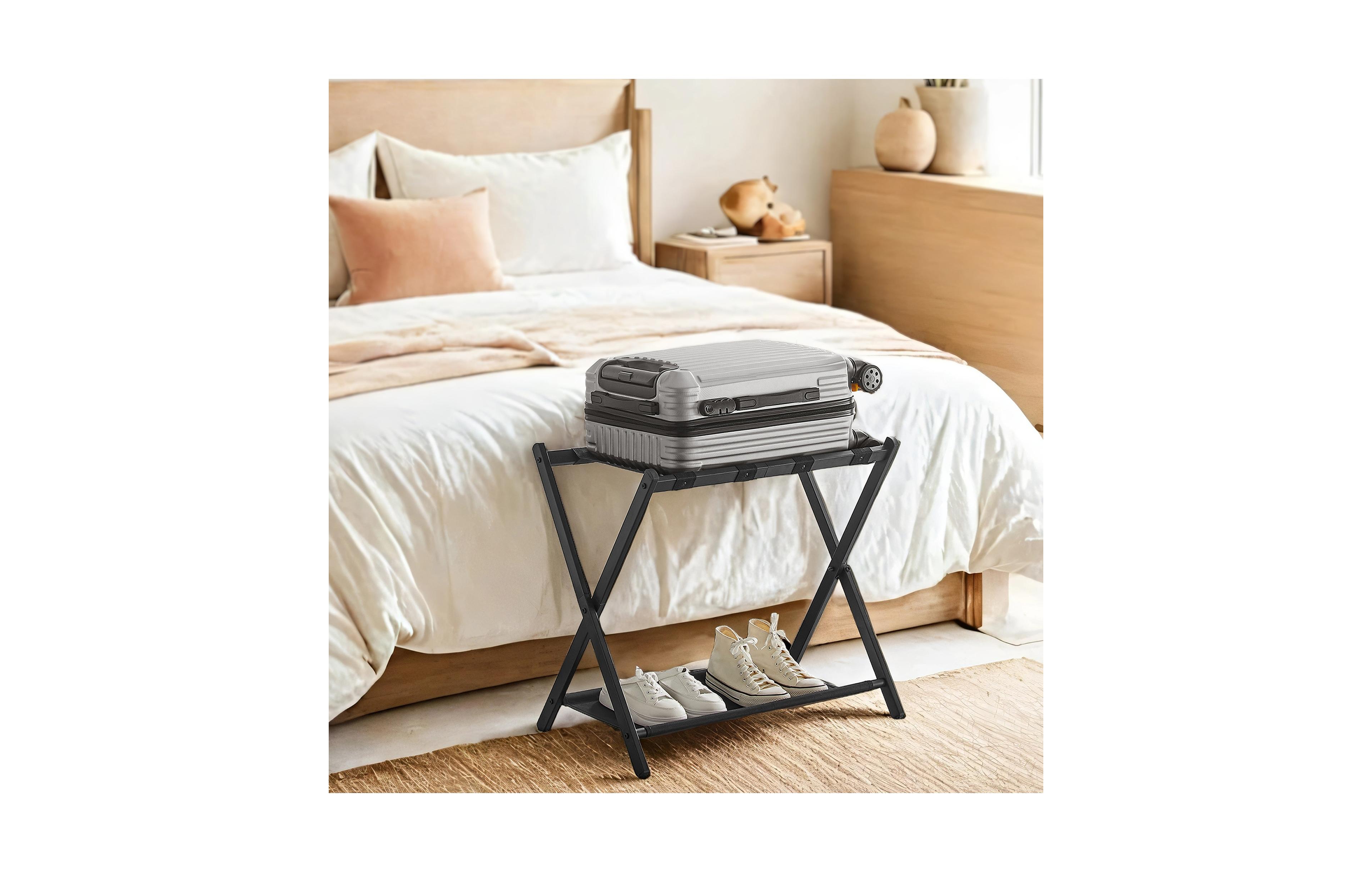 SongmicsHome Luggage Rack for Guest Room, Foldable Suitcase Stand with Storage Shelf, for Hotel, Bedroom
