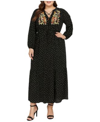 Plus Size Polka-Dot Long-Sleeve Embroidered Detail Maxi Dress