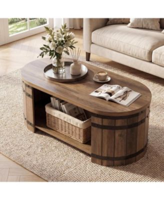 Oval Coffee Table for Living Room with 2-Tier Storage Shelf, Barrel-Style Industrial