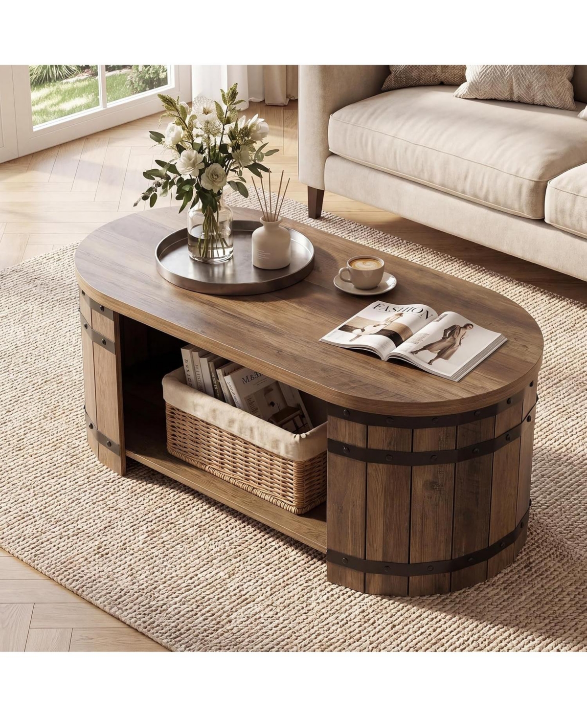 Tribesigns Oval Coffee Table for Living Room with 2-Tier Storage Shelf, Barrel-Style Industrial