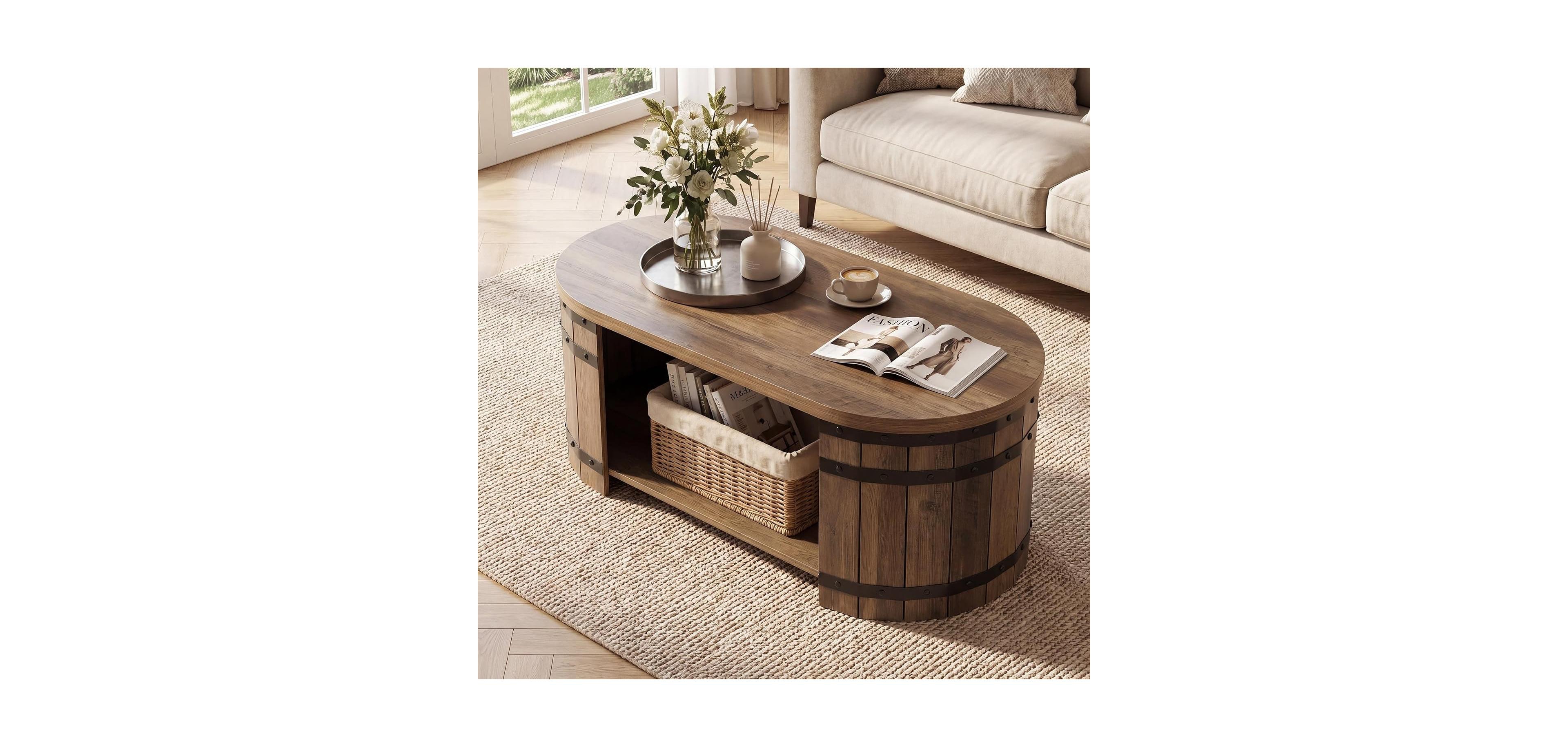 Tribesigns Oval Coffee Table for Living Room with 2-Tier Storage Shelf, Barrel-Style Industrial