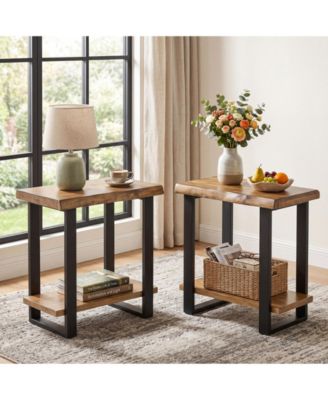 Solid Wood Side Table Set of 2, Industrial, 2-Tier