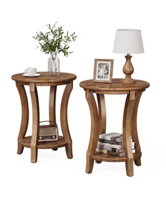 2-Tier Solid Wood Round End Table Set of 2,Sofa Couch Table