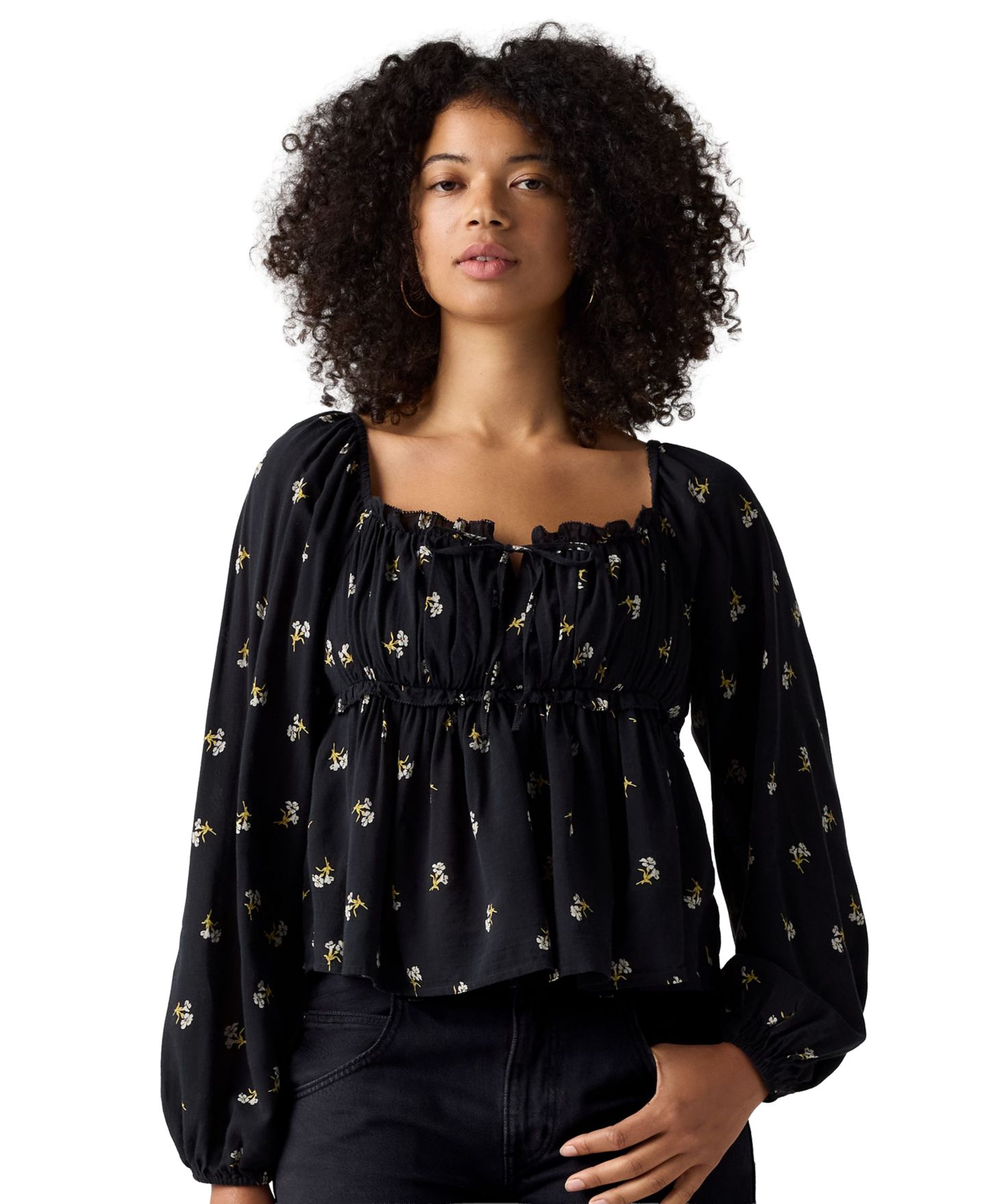 Женская блузка Levi's Premium Oraya Front-Tie Floral-Print Scoop Neck, цвет: С принтом антрацитовый — фото 1