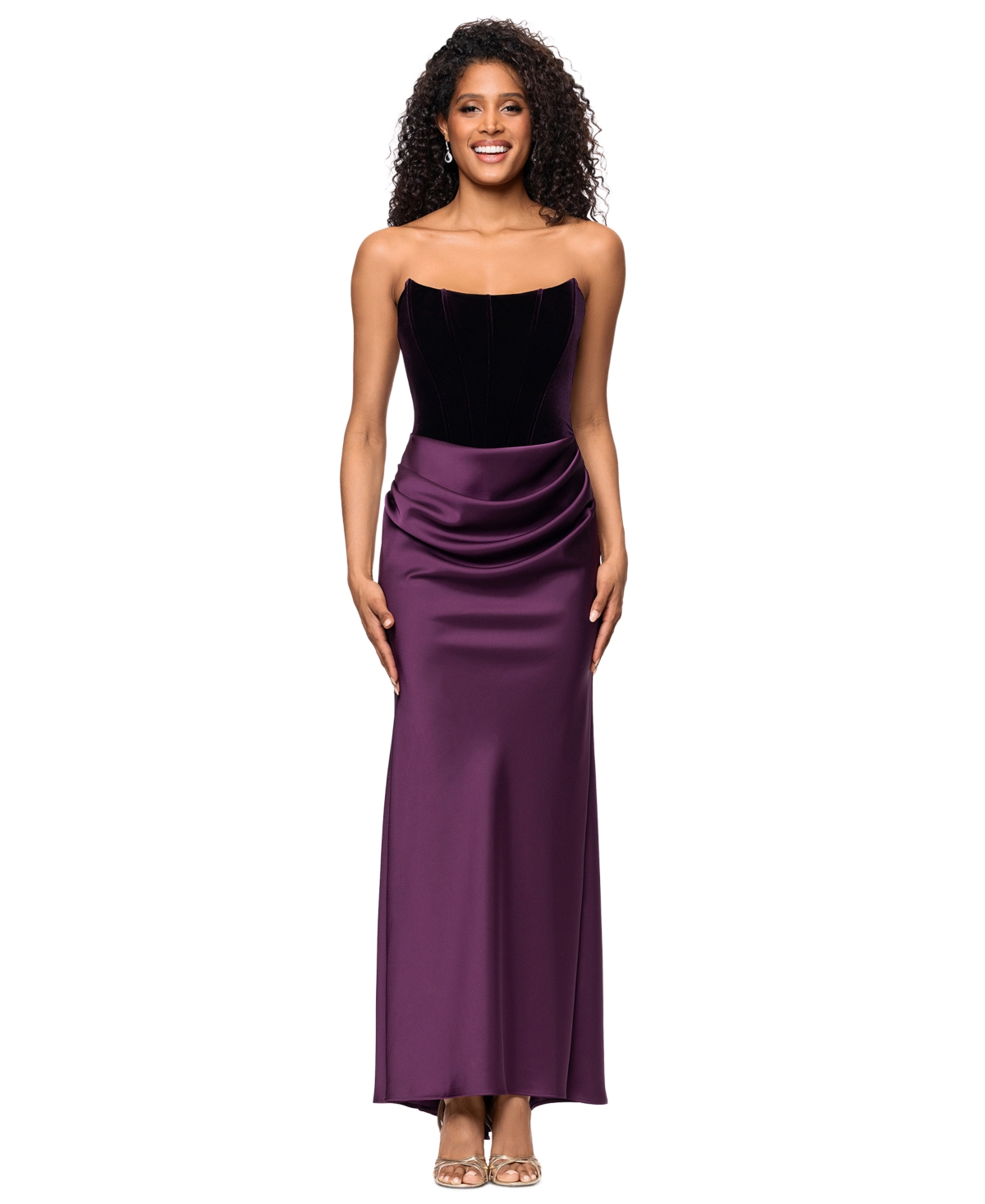 Betsy & Adam Petite Lynn Strapless Velvet Wedding Guest Gown